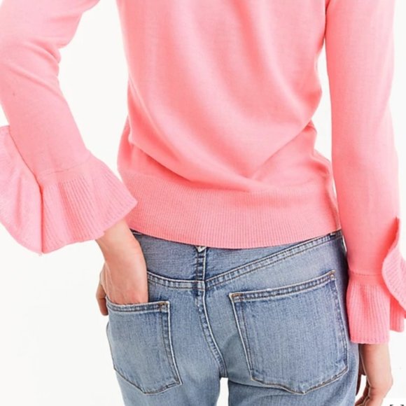 J.Crew 100% Merino Wool Coral Ruffle Sleeves Lightweight Knit Jumper Sweater - Picture 2 of 8